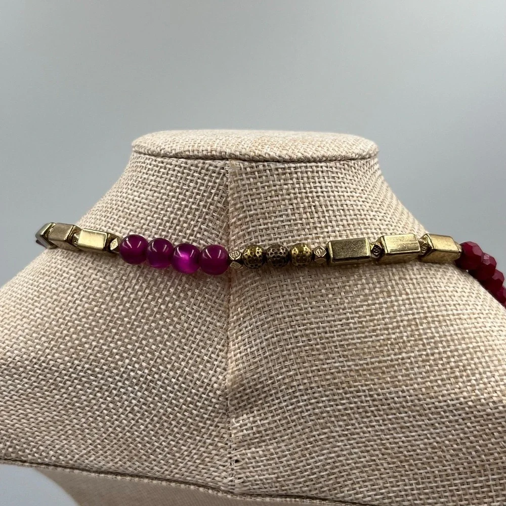 Vintage Red Bead Necklace‎ Gold Tone Accents Long Statement Costume Jewelry Y2K